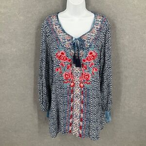 Calessa Top Womens Sz L‎ Embroidered Floral Peasant Blouse Blue Tassels Bohemian